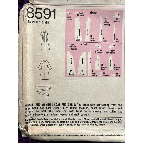 Simplicity Pattern 8591 bodycon dress tent coat  1960s sz 14 bust 36 - Picture 4 of 5